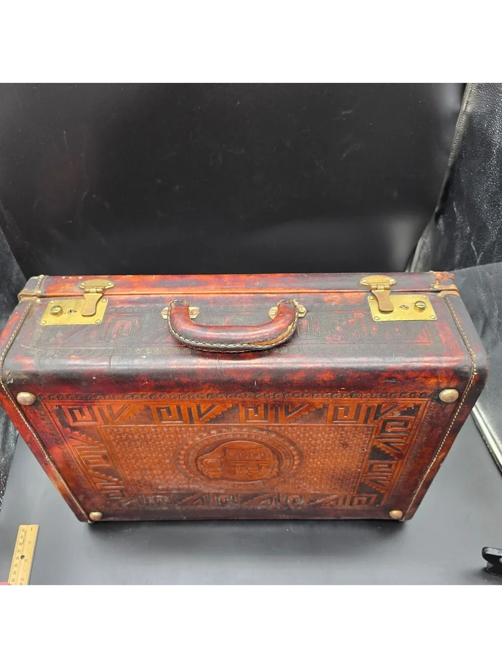 Vintage 1950s House of Oppenheim Mexican Hand Tooled Leather Suitcase Aztec Key